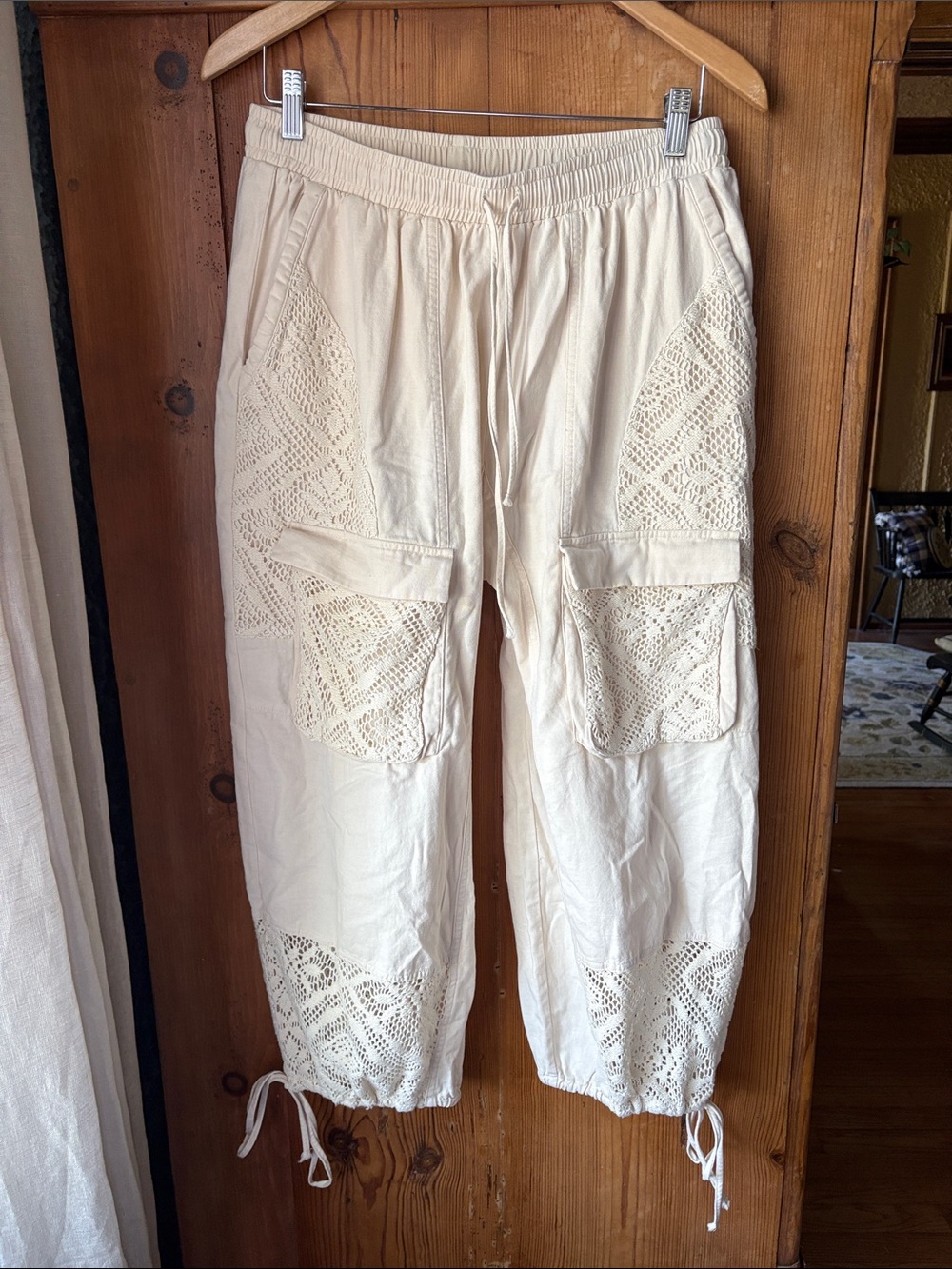100% Cotton easel Cream Crochet-Panel Wide Leg Cargo Pants